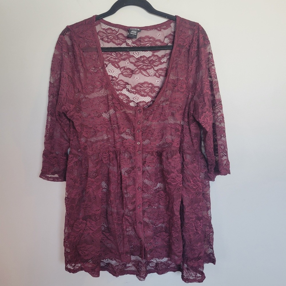Torrid Womens Plus Size 1 Burgundy Sheer Floral Lace Button Front Babydoll Top